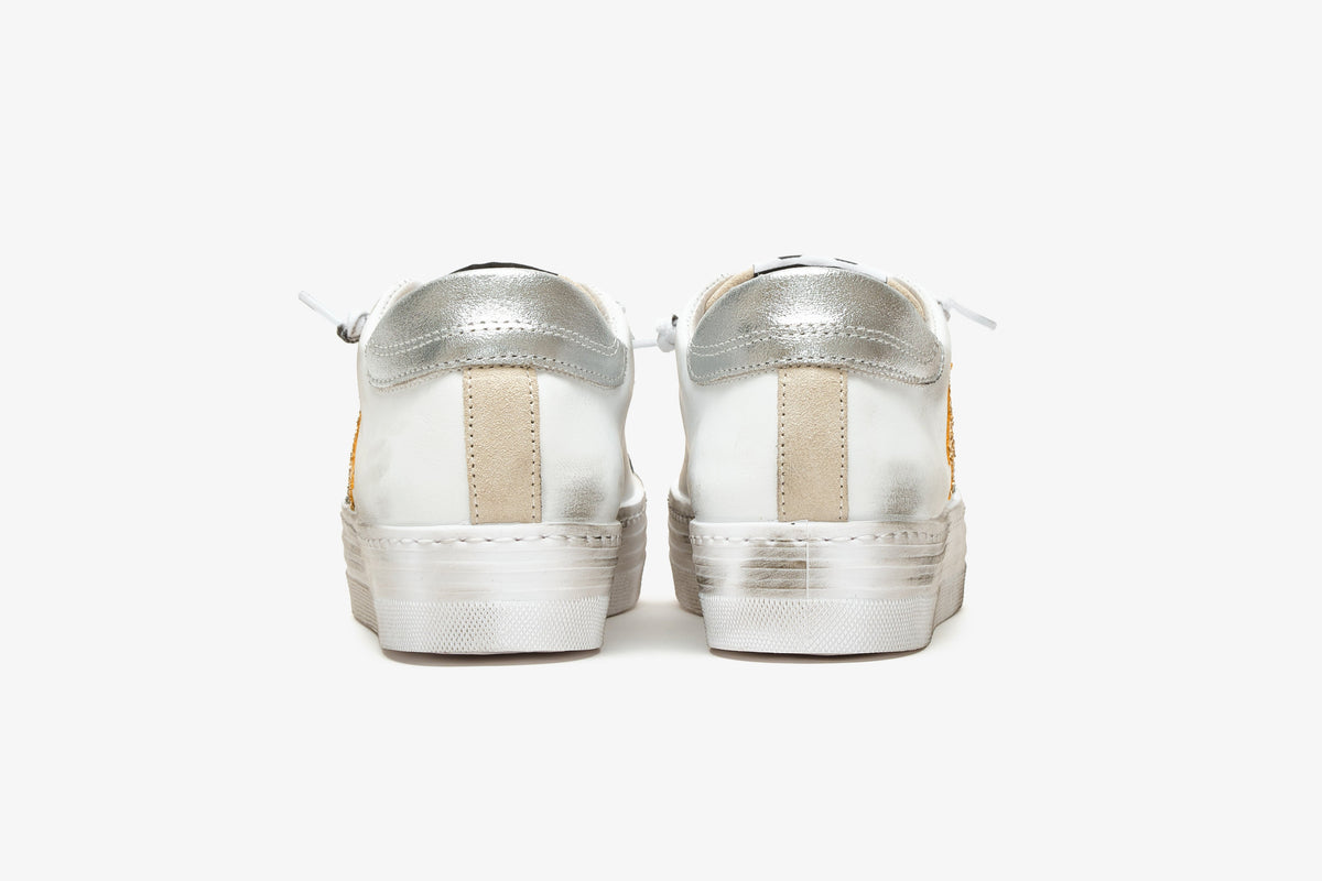 SNEAKERS PLATFORM 4 CM IN PELLE BIANCA CON DETTAGLI IN GLITTER