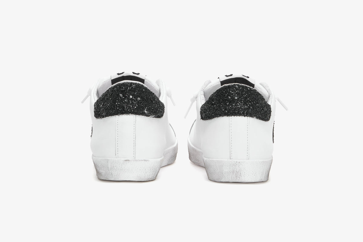 PRIME STAR SNEAKER IN WHITE LEATHER WITH BLACK GLITTER DETAILS – 2Star