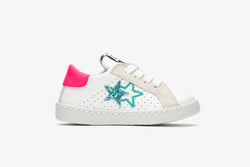 LOW SNEAKERS IN WHITE LEATHER WITH ICE CRUST DETAILS, GREEN GLITTER AND FLUO FUCHSIA LEATHER