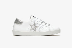 LOW SNEAKERS IN WHITE LEATHER WITH SILVER LAMINATED DETAILS