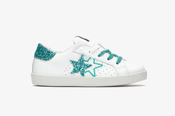 LOW SNEAKERS IN WHITE LEATHER AND GREEN GLITTER DETAILS