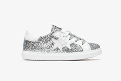LOW SNEAKERS WITH SILVER GLITTER AND WHITE LEATHER DETAILS