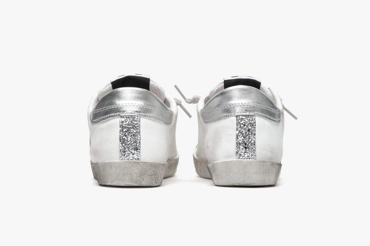 LOW SNEAKERS IN WHITE LEATHER - SILVER GLITTER DETAILS WITH 