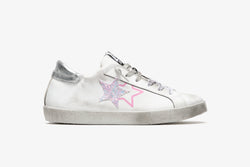 LOW SNEAKERS IN WHITE LEATHER WITH PINK AND SILVER GLITTER DETAILS AND "USED" EFFECT