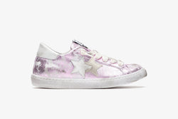 LOW SNEAKERS IN LILAC LAMINATED LEATHER WITH WHITE AND ICE DETAILS AND "USED" EFFECT