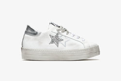 4CM PLATFORM SNEAKER IN WHITE LEATHER WITH SILVER GLITTER DETAILS WITH "USED" EFFECT