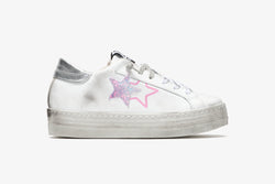 4CM PLATFORM SNEAKER IN WHITE LEATHER WITH PINK AND SILVER GLITTER DETAILS WITH "USED" EFFECT