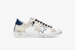 LOW SNEAKER IN WHITE LEATHER WITH ICE CRUST DETAILS AND BLUE LEATHER WITH "USED" EFFECT