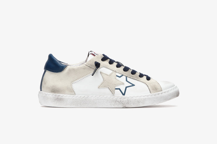 LOW SNEAKER IN WHITE LEATHER WITH ICE CRUST DETAILS AND BLUE LEATHER WITH 