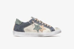 LOW SNEAKERS IN ICE LEATHER WITH BLUE JEANS, AQUA GREEN AND BEIGE DETAILS WITH "USED" EFFECT