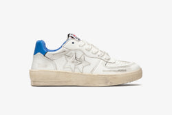 PADEL SNEAKERS IN WHITE LEATHER WITH BLUE DETAILS AND "USED" EFFECT