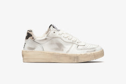 PADEL SNEAKERS IN WHITE LEATHER WITH LEOPARD RAFFIA DETAILS AND "USED" EFFECT