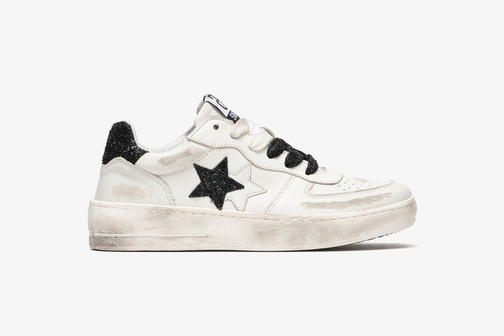 PADEL SNEAKERS IN WHITE LEATHER WITH BLACK GLITTER DETAILS AND 