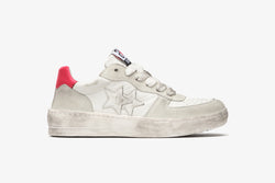 PADEL SNEAKERS IN WHITE LEATHER WITH ICE CRUST AND RED LEATHER DETAILS AND "USED" EFFECT