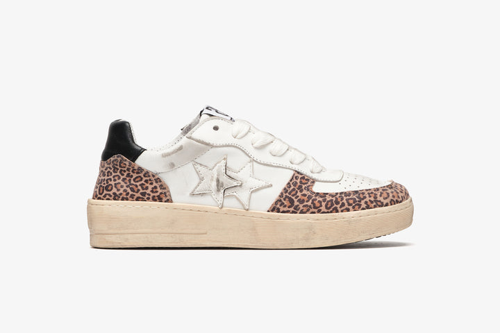 PADEL SNEAKERS IN WHITE LEATHER WITH LEOPARD CRUST DETAILS AND 