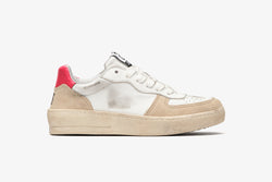 PADEL SNEAKER IN WHITE LEATHER WITH BEIGE, RED LEATHER DETAILS AND LOGO AND "USED" EFFECT