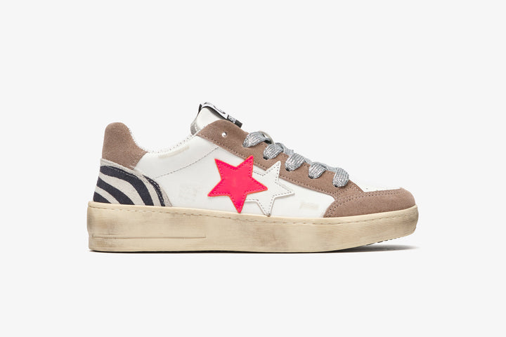 NEW STAR SNEAKER IN WHITE LEATHER WITH TAUPE, ZEBRA AND FUCHSIA CRUST DETAILS AND 