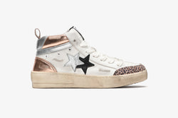 NEW STAR MID SNEAKER IN WHITE LEATHER WITH COPPER, BLACK, SILVER AND LEOPARD CRUST DETAILS AND "USED" EFFECT
