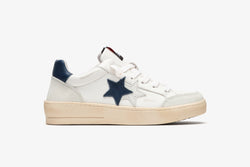 NEW STAR SNEAKER IN WHITE LEATHER WITH BLUE DETAILS AND ICE CRUST AND "USED" EFFECT