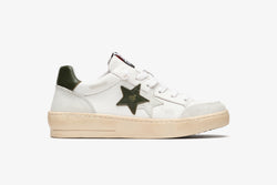 NEW STAR SNEAKER IN WHITE LEATHER WITH MILITARY GREEN DETAILS AND ICE CRUST AND "USED" EFFECT