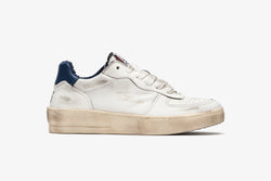PADEL SNEAKERS IN WHITE LEATHER WITH NAVY BLUE DETAILS AND LOGO AND "USED" EFFECT