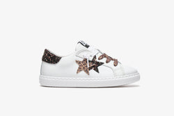 LOW WHITE LEATHER SNEAKERS WITH BROWN/LEOPARD GLITTER DETAILS