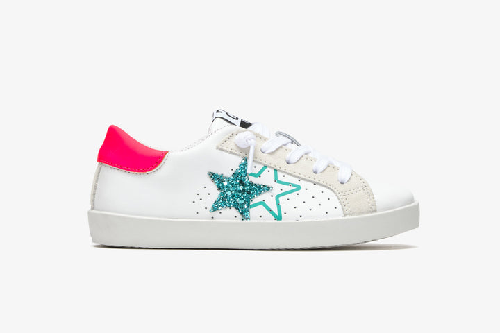 LOW SNEAKERS IN WHITE LEATHER WITH ICE CRUST DETAILS, GREEN GLITTER AND FLUO FUCHSIA LEATHER