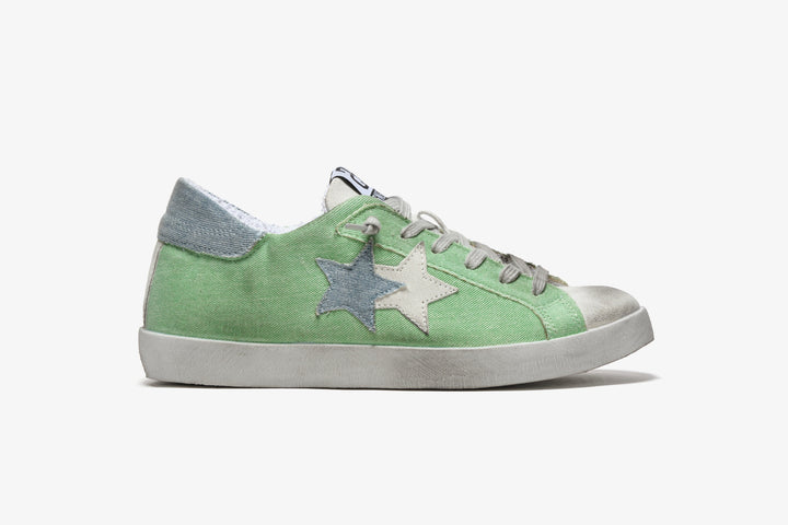 LOW SNEAKER IN GREEN CANVAS AND BLUE JEANS - ICE CRUST DETAILS WITH 
