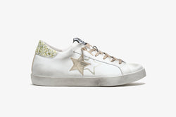 WHITE LEATHER LOW SNEAKER - LAMINATE AND GOLD GLITTER DETAILS - "USED" EFFECT