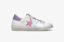 WHITE LEATHER LOW SNEAKER - MULTICOLOR GLITTER DETAILS WITH "USED" EFFECT