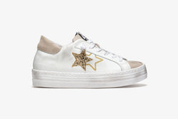 4CM WHITE LEATHER PLATFORM SNEAKER - DETAILS IN BEIGE GLITTERED SPLIT AND GOLD GLITTER WITH "USED" EFFECT