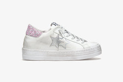 4CM WHITE LEATHER PLATFORM SNEAKER - PINK GLITTER DETAILS AND SILVER LAMINATE WITH "USED" EFFECT