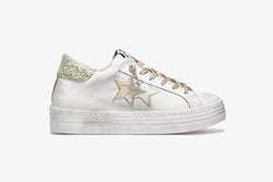 4CM WHITE LEATHER PLATFORM SNEAKER - GLITTER AND GOLD LAMINATED DETAILS WITH "USED" EFFECT