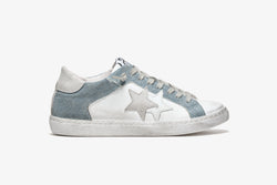 LOW100 SNEAKER IN WHITE LEATHER - DETAILS IN CANVAS BLUE JEANS/ICE CRUST WITH "USED" EFFECT