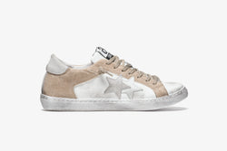 LOW100 SNEAKER IN WHITE LEATHER - DETAILS IN BEIGE CANVAS/ICE CRUST WITH "USED" EFFECT