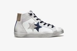 HIGH 105 SNEAKER IN WHITE LEATHER - DETAILS IN ICE CRUST/BLUE/BROWN WITH "USED" EFFECT