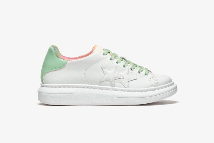 PRINCESS WHITE LEATHER SNEAKERS - GREEN PATENT DETAILS - MULTICOLOR LINING