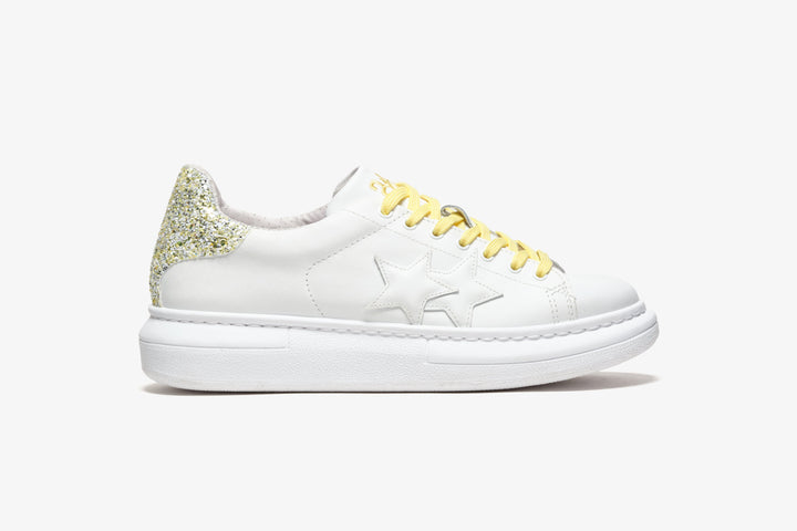 PRINCESS WHITE LEATHER SNEAKERS - GOLD GLITTER DETAILS