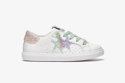 LOW SNEAKERS IN WHITE LEATHER - DETAILS IN GLITTER GREEN/MULTICOLOR