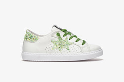 LOW SNEAKERS IN WHITE LEATHER - DETAILS IN GLITTER GREEN/WHITE