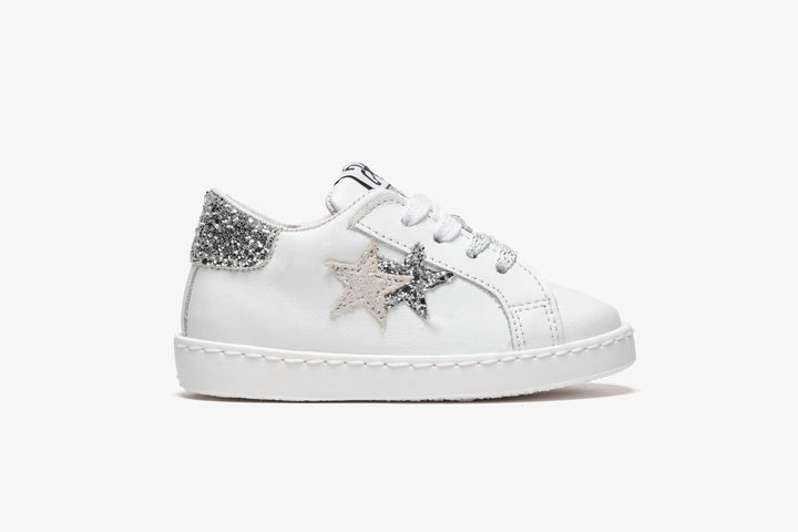 LOW WHITE LEATHER SNEAKERS - SILVER GLITTER DETAILS