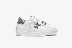LOW WHITE LEATHER SNEAKERS - MULTICOLORED BLUE GLITTER DETAILS