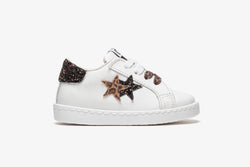 LOW WHITE LEATHER SNEAKERS - BROWN AND LEOPARD GLITTER DETAILS