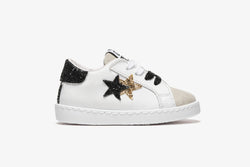 LOW WHITE LEATHER SNEAKERS - BLACK AND GOLDEN GLITTER DETAILS