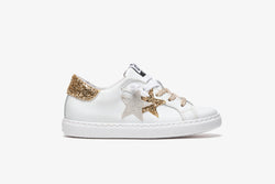 LOW WHITE LEATHER SNEAKERS - GOLD GLITTER AND LAMINATED DETAILS