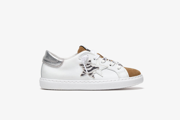 LOW WHITE LEATHER SNEAKERS - BROWN CRUST, SILVER LAMINATED AND ZEBRA DETAILS