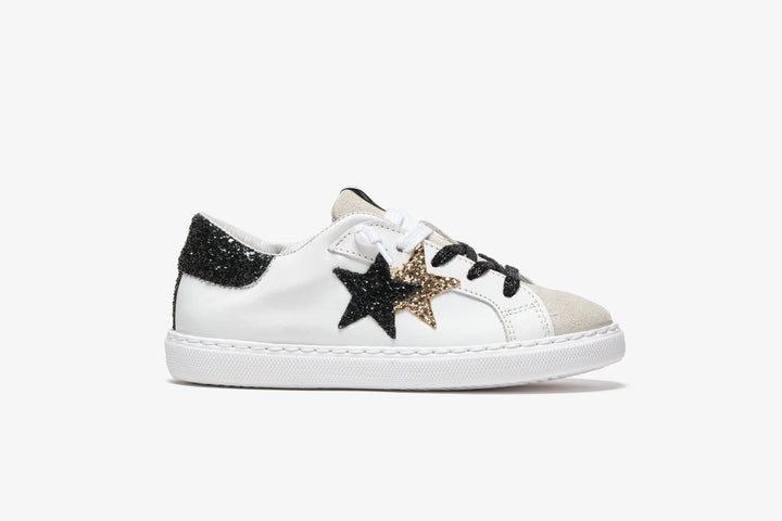 LOW SNEAKERS IN WHITE LEATHER - DETAILS IN ICE CRUST AND GOLDEN AND BLACK GLITTER