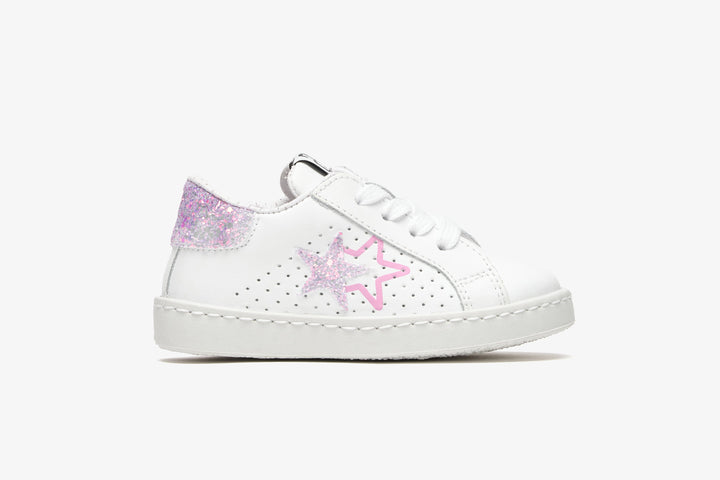 LOW WHITE LEATHER SNEAKERS WITH LILAC GLITTER DETAILS