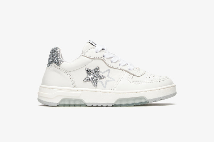 BLANCO SNEAKERS IN WHITE LEATHER WITH SILVER GLITTER DETAILS