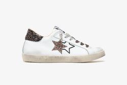 LOW SNEAKER IN WHITE LEATHER WITH LEOPARD DETAILS AND BROWN GLITTER - ECOFUR LINING AND "USED" EFFECT